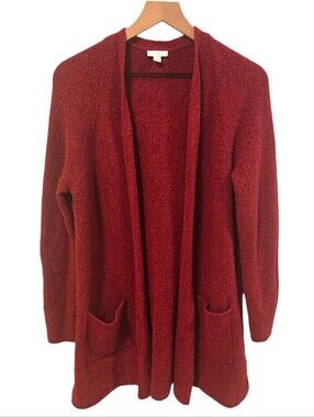 J. Jill Red Marled Knit Open Front Patch Pockets Cardigan Sweater Duster Medium